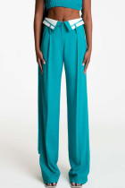 Bolso de retalhos sólido elegante azul botões retos cintura baixa reta retalhos bottoms