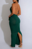 グリーン セクシー パーティー エレガント フォーマル メタル アクセサリー 装飾 バックレス スパンコール V ネック イブニング ドレス ドレス