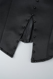 Noir élégant solide patchwork fente perles une épaule manches longues deux pièces