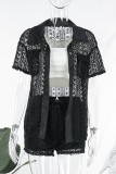 Black Casual Solid Hollowed Out Patchwork Buckle Turndown Collar Short Sleeve Three Pieces