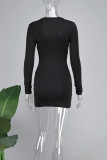 Svarta sexiga Casual Solid urholkade V-hals långärmade klänningar