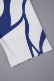 Blau-weißes, lässiges, bedrucktes Frenulum-Langkleid mit V-Ausschnitt und Kleider in Übergröße