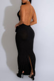 Zwart sexy feest elegante formele metalen accessoires decoratie backless lovertjes v-hals avondjurk jurken