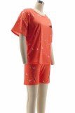 Orange Red Casual Print Letter O Neck Short Sleeve Two Pieces