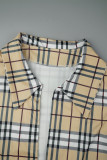 Khaki Casual Plaid Print Patchwork Cardigan Collar Long Sleeve Three Pieces Bra Cropped Jackets And Pants Sets