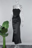 Zwarte sexy effen patchwork rugloze strapless lange jurkjurken