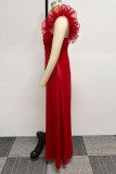 Rouge décontracté doux quotidien élégant Patchwork couleur unie lisière filandreuse une épaule robes asymétriques
