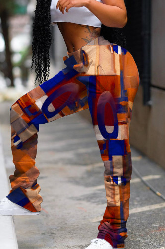 Coffee Casual Print Fold Basic Regular High Waist Conventional Full Print Trousers