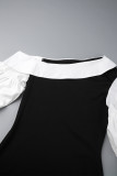 ブラック ホワイト パーティー エレガント パッチワーク コントラスト オブリーク カラー ロング スリーブ ドレス