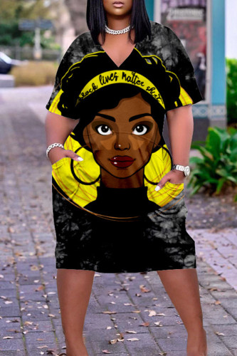 Yellow Black Casual Print Patchwork V Neck Printed Dress Dresses
