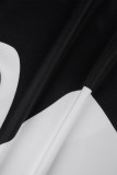 Schwarz-weißes, lässiges, bedrucktes Frenulum-Langkleid mit V-Ausschnitt und Kleider in Übergröße