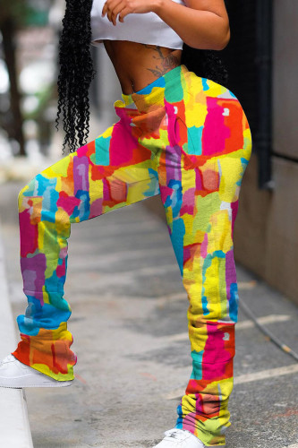 Yellow Casual Print Fold Regular High Waist Conventional Full Print Bottoms