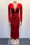 Red Party Elegant Formal Fold V Neck Long Sleeve Dresses