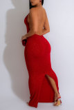 Красное сексуальное вечернее элегантное вечернее платье с металлическими аксессуарами, украшение с открытой спиной и блестками, V-образным вырезом, вечернее платье, платья