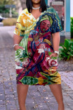 Bruine casual print patchwork jurk met V-hals en print