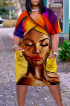 Bruine casual print patchwork jurk met V-hals en print