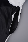 ブラック ホワイト カジュアル プリント 小帯 V ネック ロング ドレス プラス サイズ ドレス