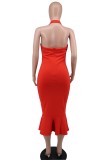 Rose Red Sexy Solid Backless Halter Sleeveless Dress Dresses