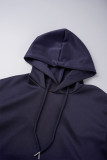 Tibetan Blue Street Solid Patchwork Draw String Pocket Hooded Collar Long Sleeve Two Pieces