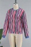 Rosa Red Street Color Block Patchwork O Neck Tops