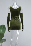 Verde oscuro Casual Sólido Sin espalda Cuello en U Vestido tipo chaleco Vestidos (con mangas)