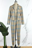Khaki Casual Plaid Print Patchwork Cardigan Collar Long Sleeve Three Pieces Bra Cropped Jackets And Pants Sets
