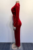 Vestidos de manga larga con cuello en V y pliegues formales elegantes de fiesta rojos