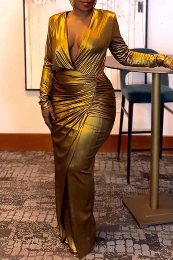 Gouden feest elegante formele gevouwen V-hals jurken met lange mouwen