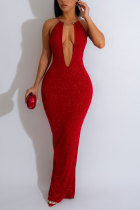 Röd Sexig fest Elegant formell metalltillbehör Dekoration rygglösa paljetter V-ringad aftonklänning