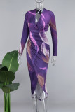 Robes de robe imprimées à col en V pliées en patchwork imprimé élégant violet