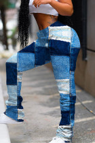 Pliegue de estampado informal azul Pantalones de cintura alta convencionales Estampado completo convencional