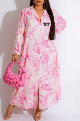 Розовое повседневное платье-рубашка с отложным воротником и буквенным принтом Платья