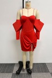 Röd Casual Sweet Daily Party Elegant slits med rosett från axeln Asymmetriska klänningar