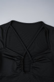 黒のセクシーなカジュアルソリッドくり抜かれたVネック長袖ドレス