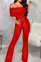 Rote, sexy, einfarbige Patchwork-Jumpsuits mit schulterfreiem Boot-Cut