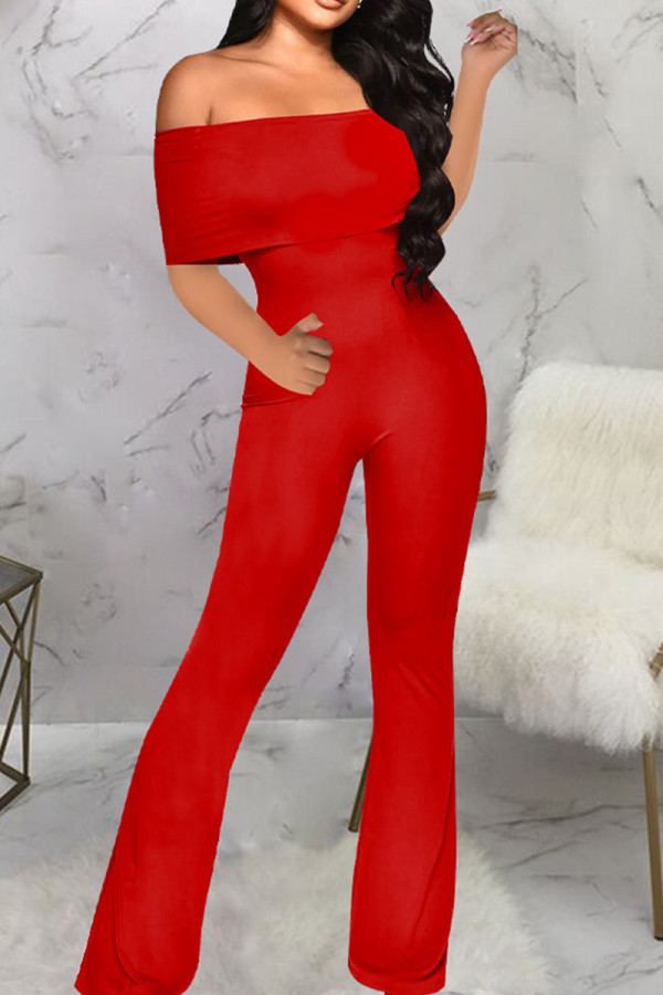 Rote, sexy, einfarbige Patchwork-Jumpsuits mit schulterfreiem Boot-Cut