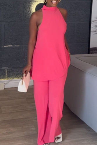 Deep Pink Sweet Solid Patchwork Pocket Slit Zipper O Neck Sleeveless Two Pieces