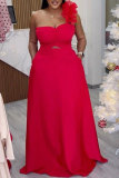 Röd Casual Sweet Daily Elegant Patchwork Enfärgad Stringy Selvedge Asymmetriska klänningar med en axel