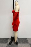 Rosso casual dolce festa quotidiana elegante fessura con fiocco al largo della spalla abiti asimmetrici