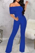 Kleurrijke blauwe sexy effen patchwork off-shoulder boot-cut jumpsuits
