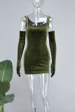 Dark Green Casual Solid Backless U Neck Vest Dress Dresses (With Sleeves)