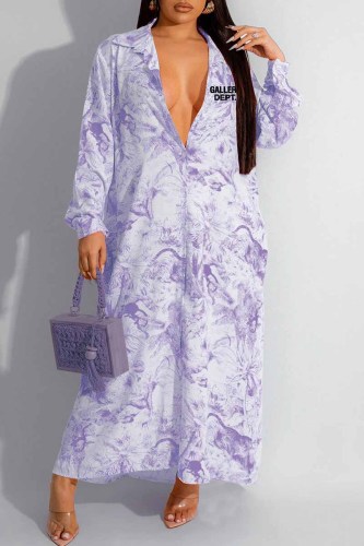 Robe chemise à col rabattu et lettre imprimée décontractée violet clair