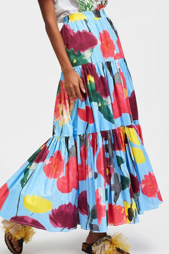 Blue Sweet Floral Patchwork Cake Skirt Plus Size