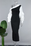 ブラック ホワイト パーティー エレガント パッチワーク コントラスト オブリーク カラー ロング スリーブ ドレス