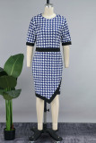 ブルーのエレガントなプリント パッチワーク U ネック ラップ スカート ドレス