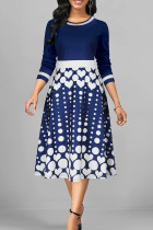 Marineblauwe elegante geometrische patchwork-rits O-hals A-lijn jurken