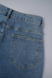 Azul claro rua sólido oco retalhos bolso botões zíper cintura alta jeans solto