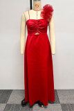 Red Casual Sweet Daily Elegant Patchwork Solid Color Stringy Selvedge One Shoulder Asymmetrical Dresses
