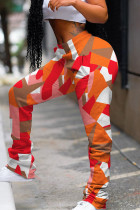 Pantalon orange à imprimé décontracté et à plis réguliers à taille moyenne