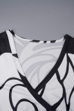 Robe longue à col en V Frenulum imprimée décontractée noire et blanche, robes de grande taille